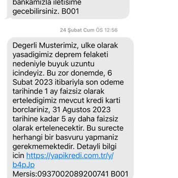 Yapı Kredi Kredi Kartı Deprem Borç Öteleme Yanlış Bilgilendirilmesi
