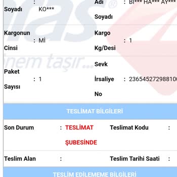 Aras Kargo Paşabahçe Şubesinin Kargoyu Adrese Teslim Etmemesi