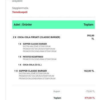 Ercan Burger Yemek Sepeti Eksik Ürün Hk.
