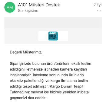 A101 Teslim Edilmeyen Ürün