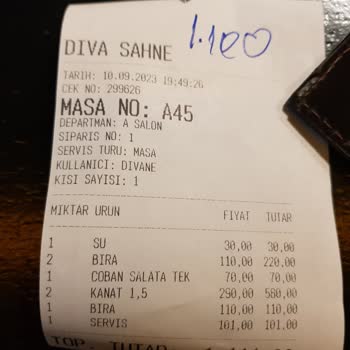 Diva Sahne Restaurant Adisyon İle Söylenen Fiyat Arasında Ki Tutarsızlık.