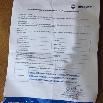 SunExpress Hava Yolları XQ7647 PNR Numaralı Gaziantep -Antalya Uçuş Mağduru