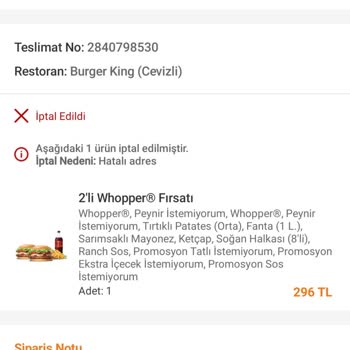 Trendyol Yemek Trendyol GO Yemek İptal Edilen Burger King Sipariş