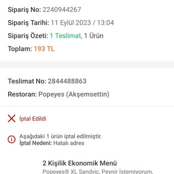 Trendyol Yemek Popeyes Kuryenin Ürünü İptal Etmesi