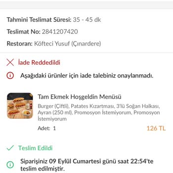 Köfteci Yusuf Çınardere Şubesi Eksik Ürün Gönderip Kabul Etmiyor