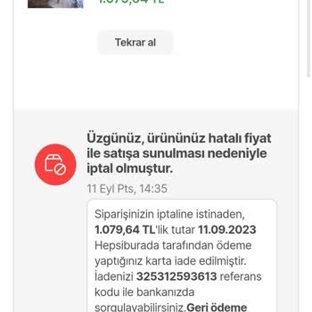 Hepsiburada U. S. Sleeping Mağazası Yanlış Fiyat Deyip Ürünü İptal Etti.