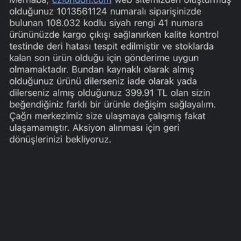 CZ London 1013561124 Numaralı Siparişin Ücret İadesi