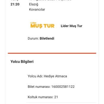 Lider Muş Turizm Yüksek Otobüs Bileti