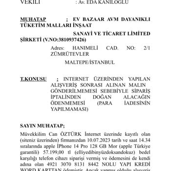 Ev Bazaar AVM Para İadesi Yapılmadı.