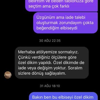 Nur Official İstediğim Ölçülerde Dikilmeyen Ürünü İade Edemiyorum