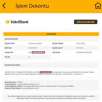VakıfBank Mükerrer Sarı Panjur Sigorta Ücreti Alınması