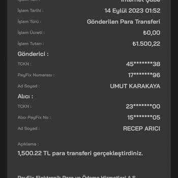 PayFix Hesabımdan Farklı Kişi Adına Bilgin Dışında Transfer