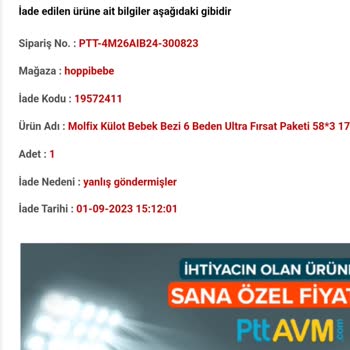 PttAVM Yanlış Ürün Gönderilmiş