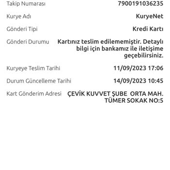 Kuryenet Teslim Edilmeyen Kart