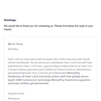 MoneyPay Hazır Limit Kullanamama