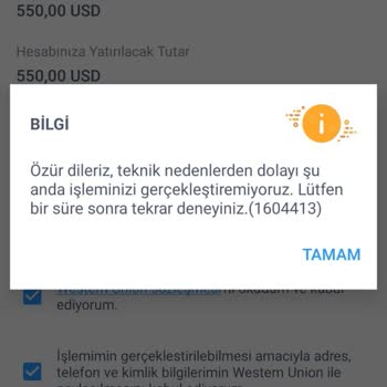 İş Bankası Western Union Transferi Almak İstediğimde Hata Mesajı Çıkıyor