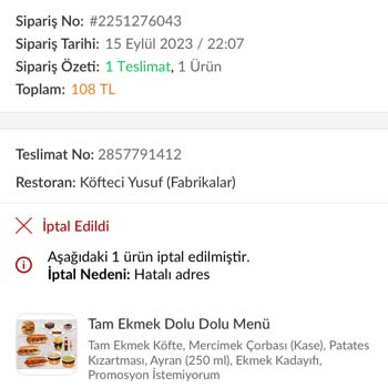 Köfteci Yusuf Fabrikalar Şubesi Siparişimde Yanlışlık Yaptı