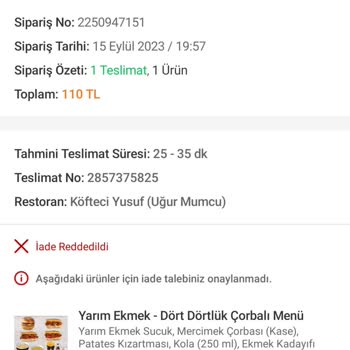 Köfteci Yusuf Eksik Ürün Geldi