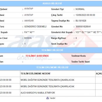 Aras Kargo Bilgim Dışında Alıcı Kargoyu Kabul Etmedi Mesajı Gönderdi.
