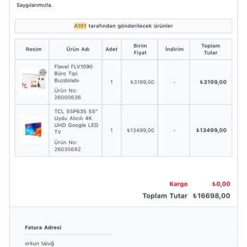 A101 1 Aydır Satın Almış Olduğum Ürünü Göndermiyor.