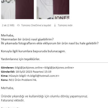 Jack & Jones İlk Yıkamada T-shirt`ün Giyilemeyecek Hale Gelmesi