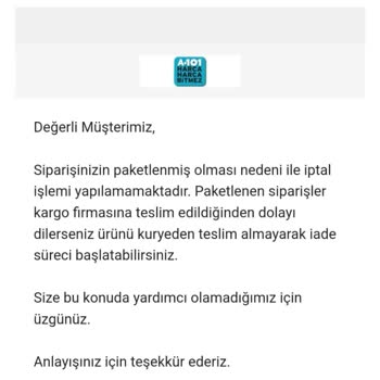 A101 Ürünün Söz Verilen Sürede Kargolanmaması Kargolanacak Deyip Yine