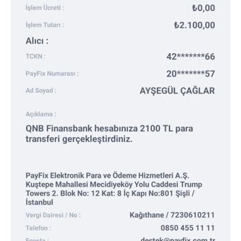 Payfix'ten QNB'ye 2100 TL Gönderdim, Hesaba Geçmedi