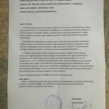 Doruk Özel Bursa Hastanesi Ayrıntılı Fatura Talebi Hakkında