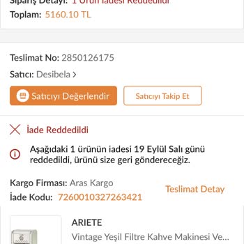 Desibela Trendyol Üzerinden Aldığım Ariete Marka Kettle Ve Filtre Kahve Makinesi İade Sorunu