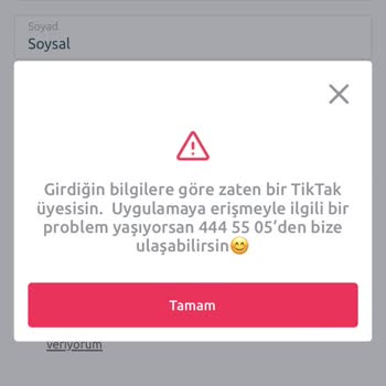 TikTak Kirala Üyeliğiniz Zaten Var Uyarısı