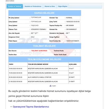 Aras Kargo Taşocağı Şubesi Kargomu Getirmiyor