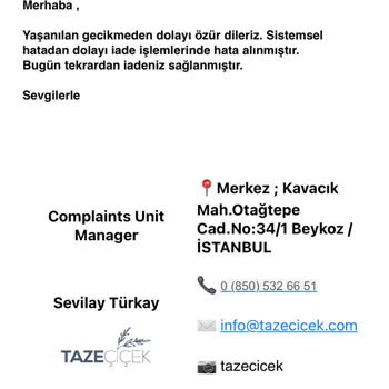 "Taze Çiçek" Firması Para İadesi