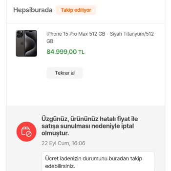 Hepsiburada İPhone 15 Pro Max Sipariş İptali