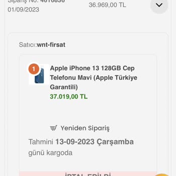 Wnt.com.tr İPhone 13.128 GB Mavi Siparişi İptal Edildi