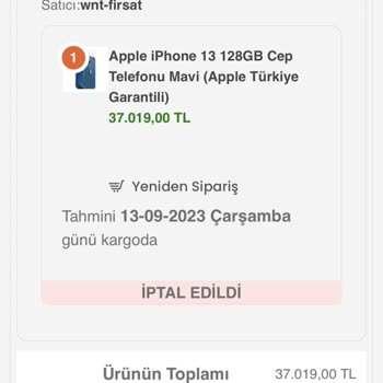 Wnt.com.tr İPhone 13.128 GB Mavi Siparişi İptal Edildi