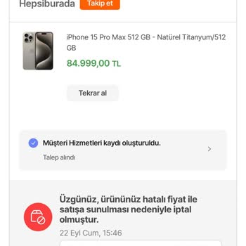 Hepsiburada Hatası Sonucu Sipariş İptali