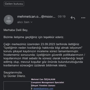 GetirAraç Sebepsiz Üyelik Kısıtlaması