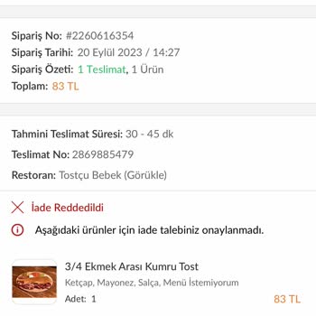 Trendyol Yemek Yemediğim Bir Yemeğin İadesini Alamıyorum. Trendyol Reddediyor.