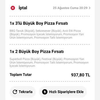 Pizza Hut Teslim Edilmeyen Ürün İade Edilmeyen Ücret.