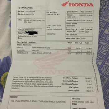 Ankara Honda Efe Servis Ücretlerinin 43 Gün Arayla Değişimi