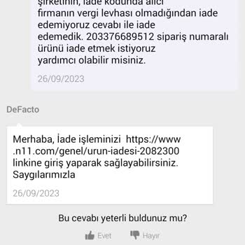 DeFacto İade Kodunda Vergi Levhası Yok Diye İade Almıyor