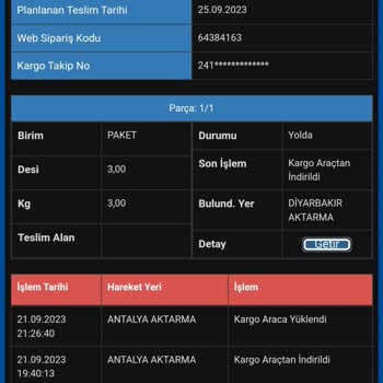 Sürat Kargo'nun 24135031695177 Takip Numaralı Kargomun Diyarbakır Aktarmada Takılı Kalması