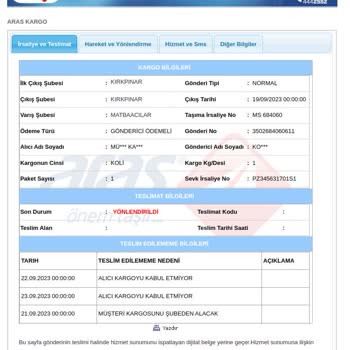 Aras Kargo Konya Matbaacılar Şubesi Ürün Teslimi Yapmıyor