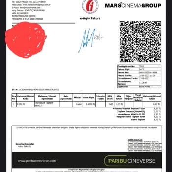 Mars Sinema İnternet Hizmet Bedeli Adı Altında Fatura Göndermesi!