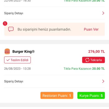 Tıkla Gelsin Fazla (Ç) Alınan Ödeme Burger King