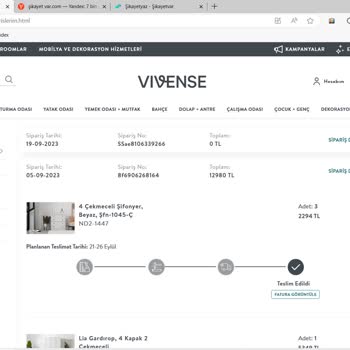 Vivense Firmasıyla Yapmış Olduğum Alışverişlerde Yaşadığım Sıkıntılar.