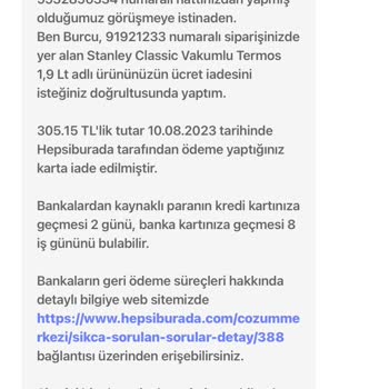 Hepsiburada Stanley Termosumu Yenisi İle Değiştirmedi.