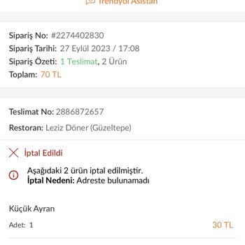 Trendyol Yemeğimi Aramadan İptal Ettiler