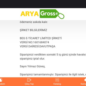 Arya Gross Ürünleri Yollamıyor Ve Ücret İadesini Yapmıyor.