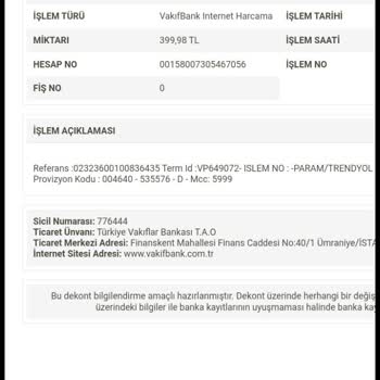 VakıfBank Tarafından Yapılan Alışverişin Para İadesi Para İadesi